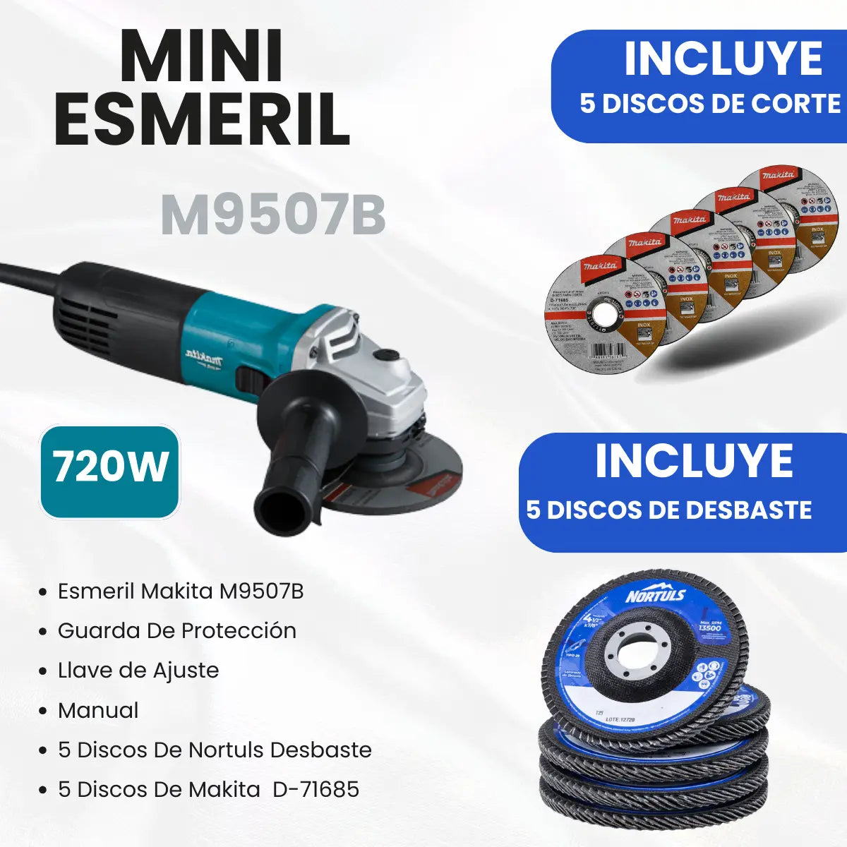 Esmeriladora Makita M9507B 4-1/2 + 10 Discos GRATIS (5 Makita + 5 Nortuls)