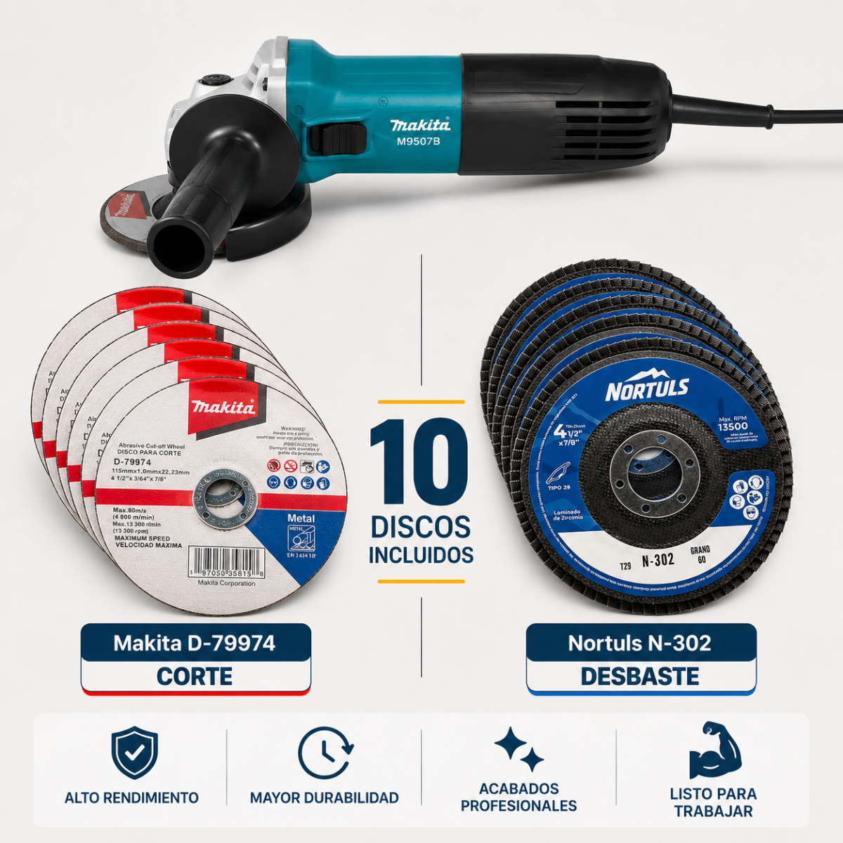 Esmeriladora Makita M9507B 4-1/2 + 10 Discos GRATIS (5 Makita + 5 Nortuls)