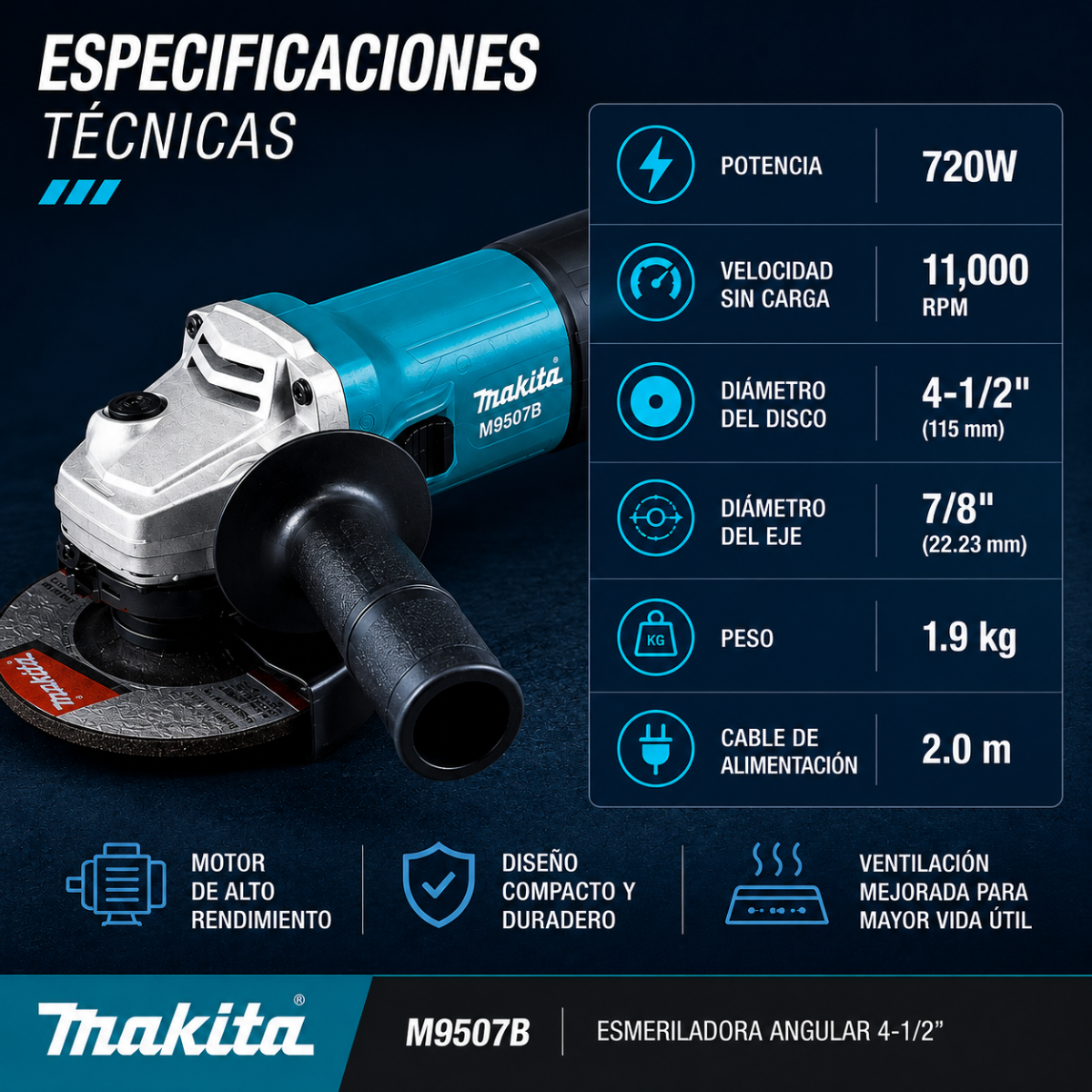 Esmeriladora Makita M9507B 4-1/2 + 10 Discos GRATIS (5 Makita + 5 Nortuls)