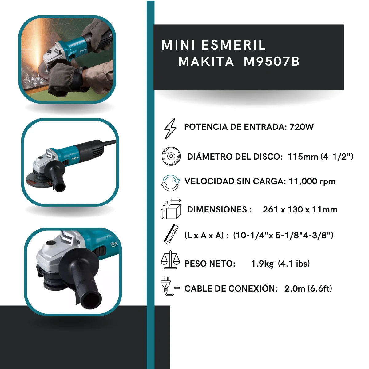 Esmeriladora Makita M9507B 4-1/2 + 10 Discos GRATIS (5 Makita + 5 Nortuls)