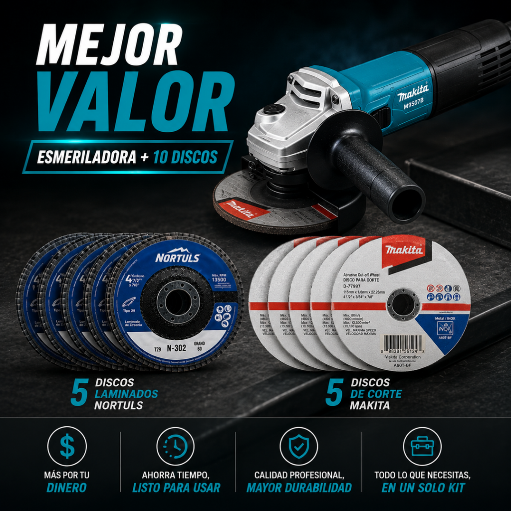 Esmeriladora Makita M9507B 4-1/2 + 10 Discos GRATIS (5 Makita + 5 Nortuls)