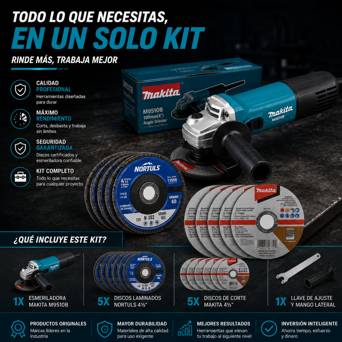 Esmeriladora Angular 4 1/2 Amoladora Makita M9510b + Discos