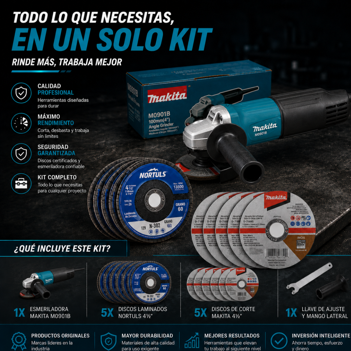 Esmeriladora Angular 4 1/2 Amoladora Makita M0901b + Discos