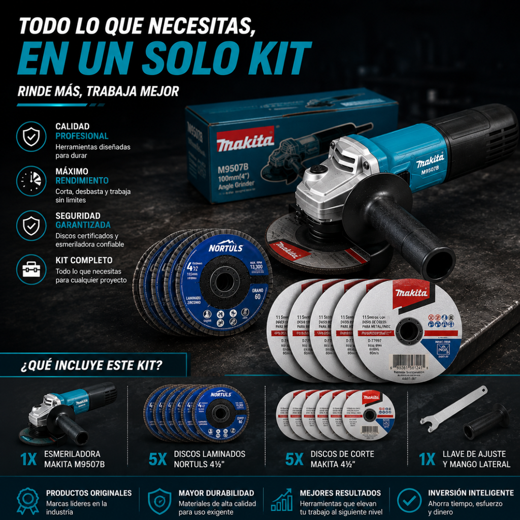 Esmeriladora Makita M9507B 4-1/2 + 10 Discos GRATIS (5 Makita + 5 Nortuls)