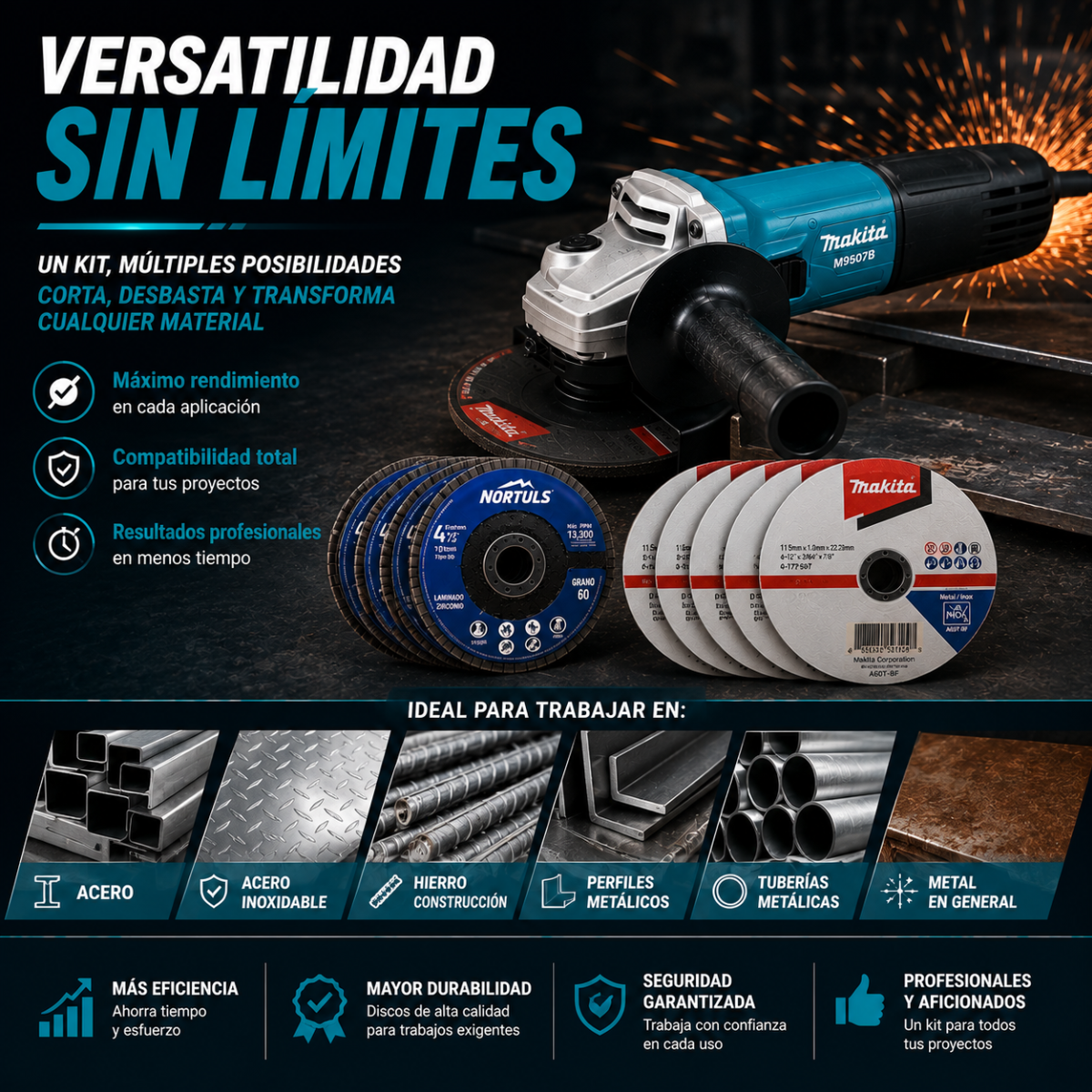 Esmeriladora Makita M9507B 4-1/2 + 10 Discos GRATIS (5 Makita + 5 Nortuls)