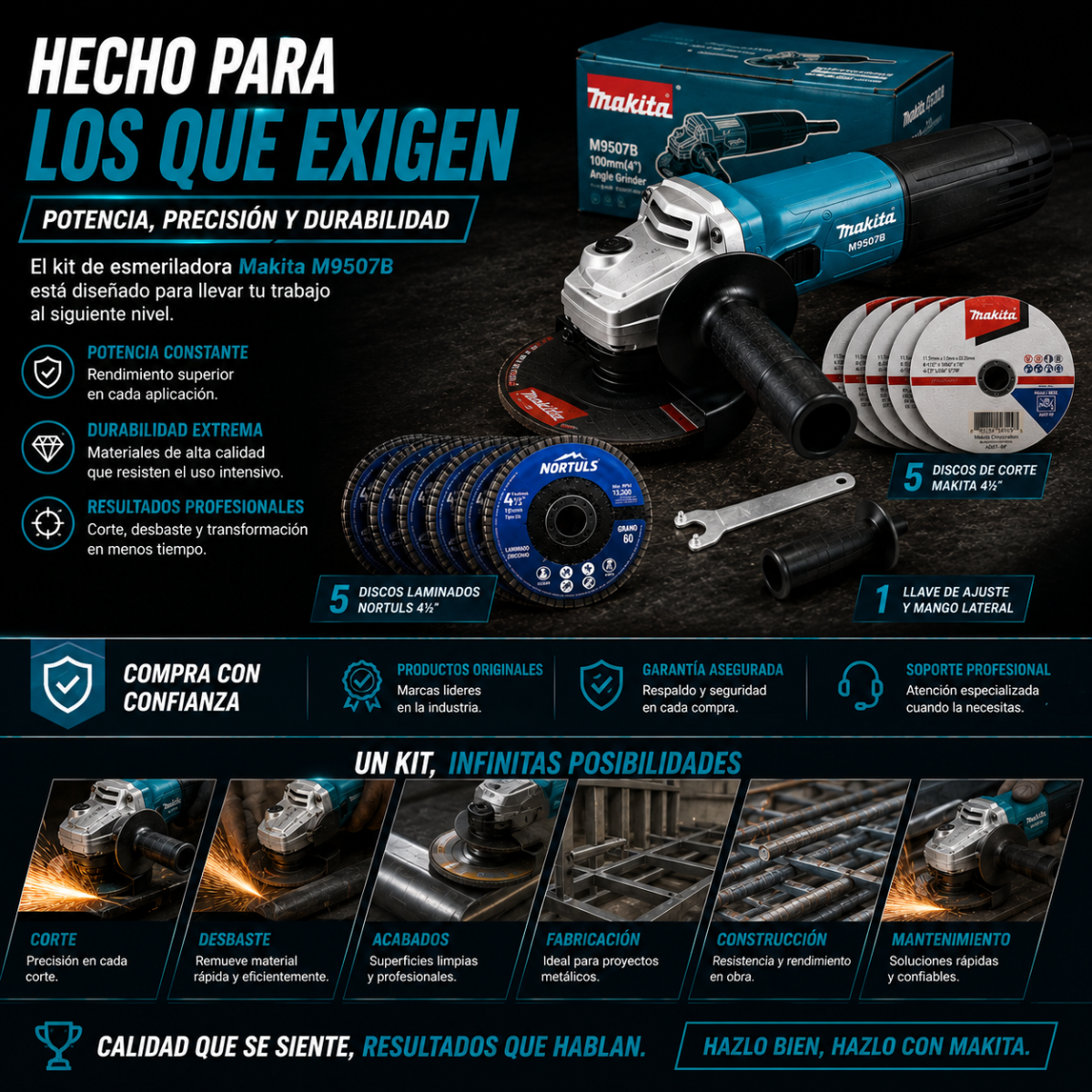 Esmeriladora Makita M9507B 4-1/2 + 10 Discos GRATIS (5 Makita + 5 Nortuls)