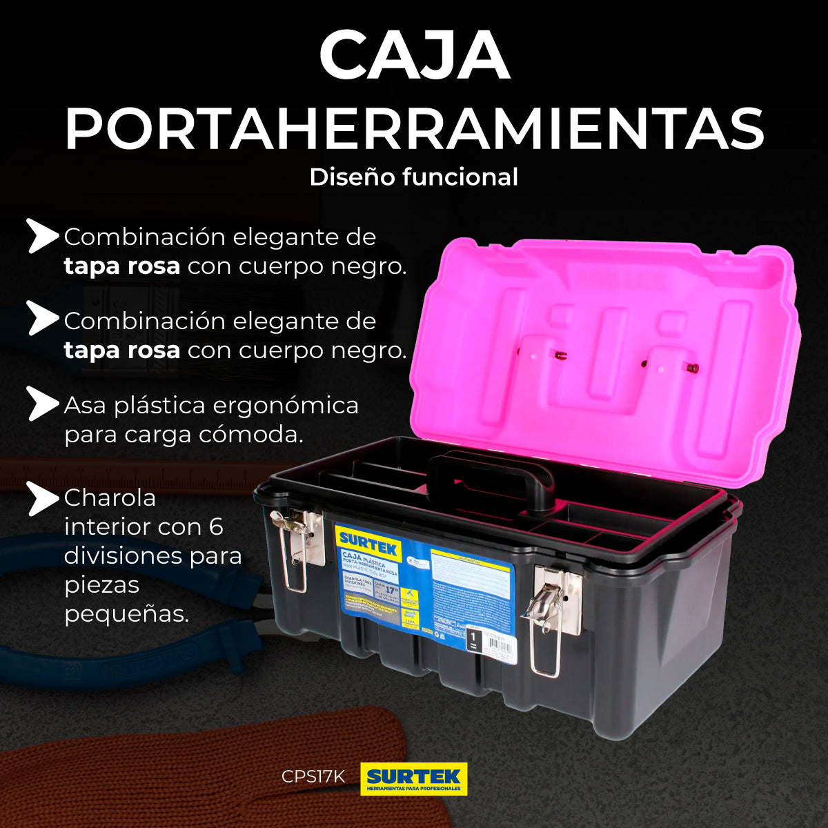 Caja portaherramientas plástica con broches metálicos color negro tapa rosa 17" x 9" x 8"