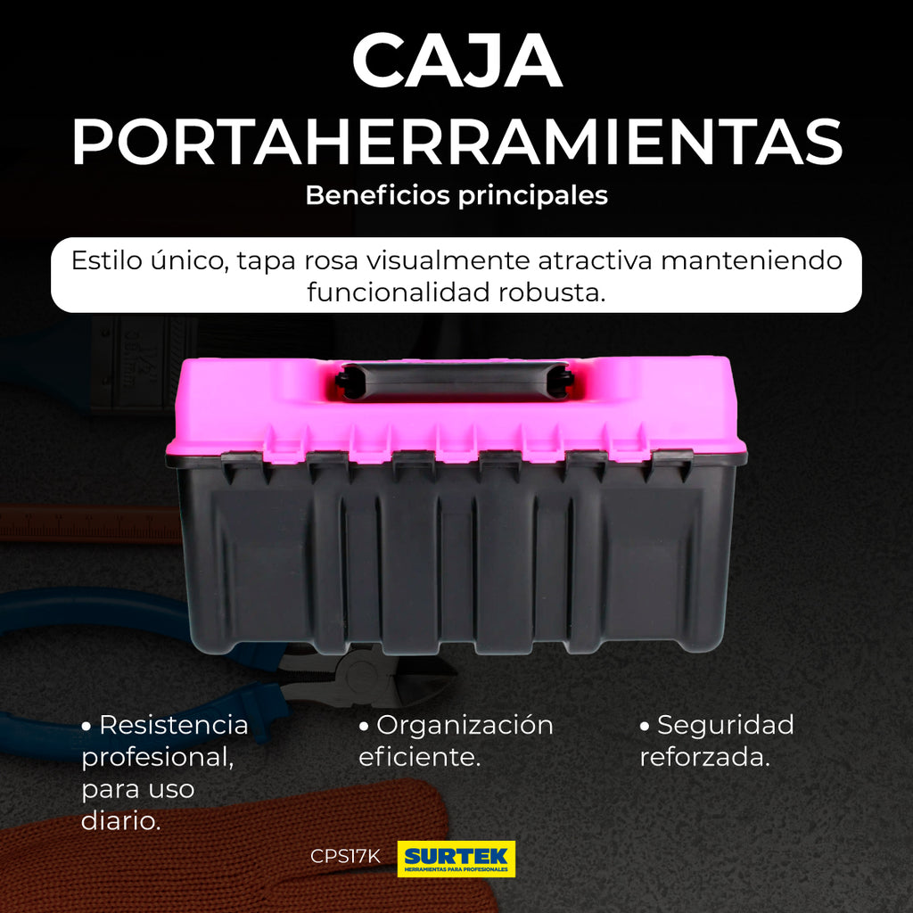 Caja portaherramientas plástica con broches metálicos color negro tapa rosa 17" x 9" x 8"
