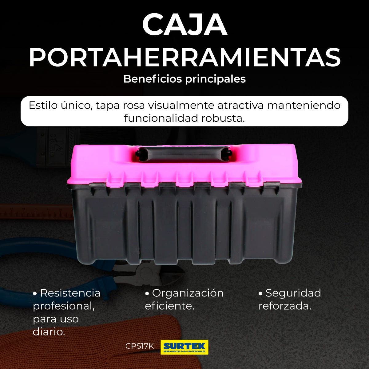 Caja portaherramientas plástica con broches metálicos color negro tapa rosa 17" x 9" x 8"