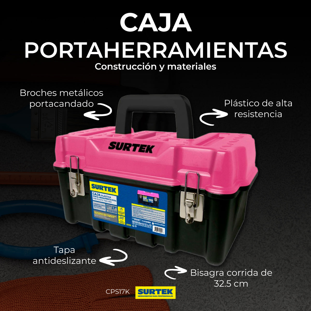 Caja portaherramientas plástica con broches metálicos color negro tapa rosa 17" x 9" x 8"