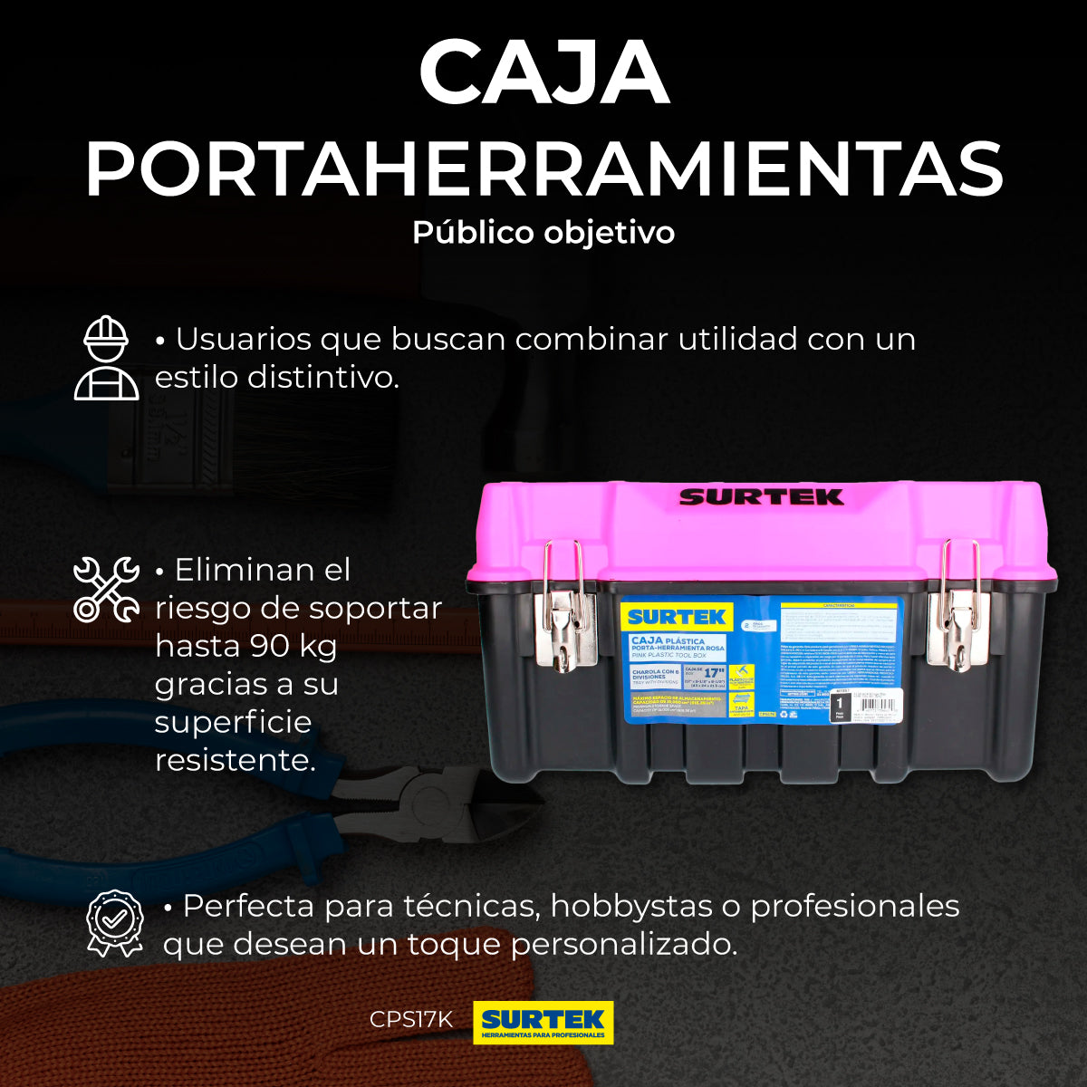 Caja portaherramientas plástica con broches metálicos color negro tapa rosa 17" x 9" x 8"