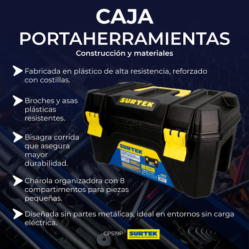 Caja portaherramientas plástica con broches plásticos y charola color negro 19" x 10"