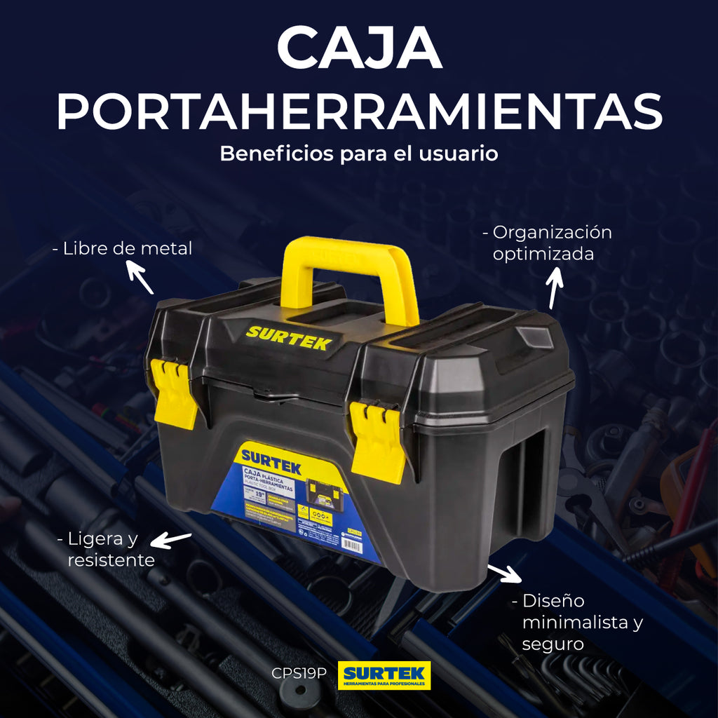 Caja portaherramientas plástica con broches plásticos y charola color negro 19" x 10"