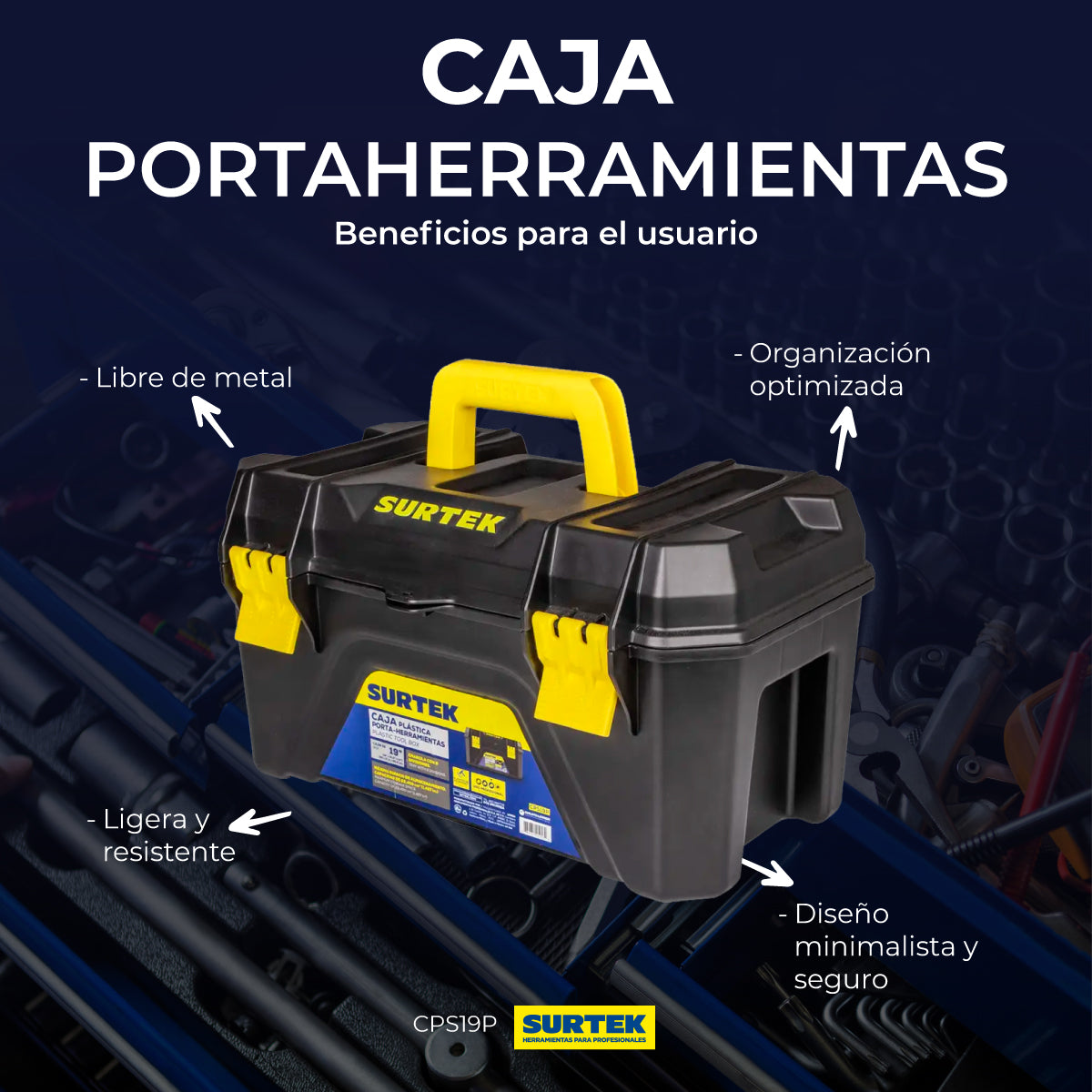 Caja portaherramientas plástica con broches plásticos y charola color negro 19" x 10"