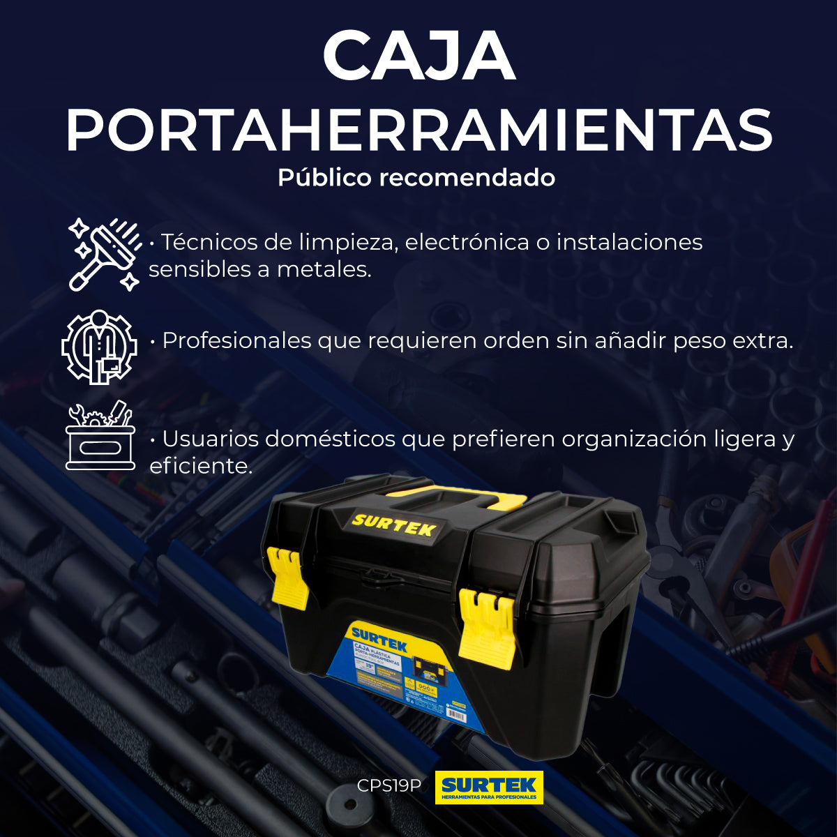 Caja portaherramientas plástica con broches plásticos y charola color negro 19" x 10"