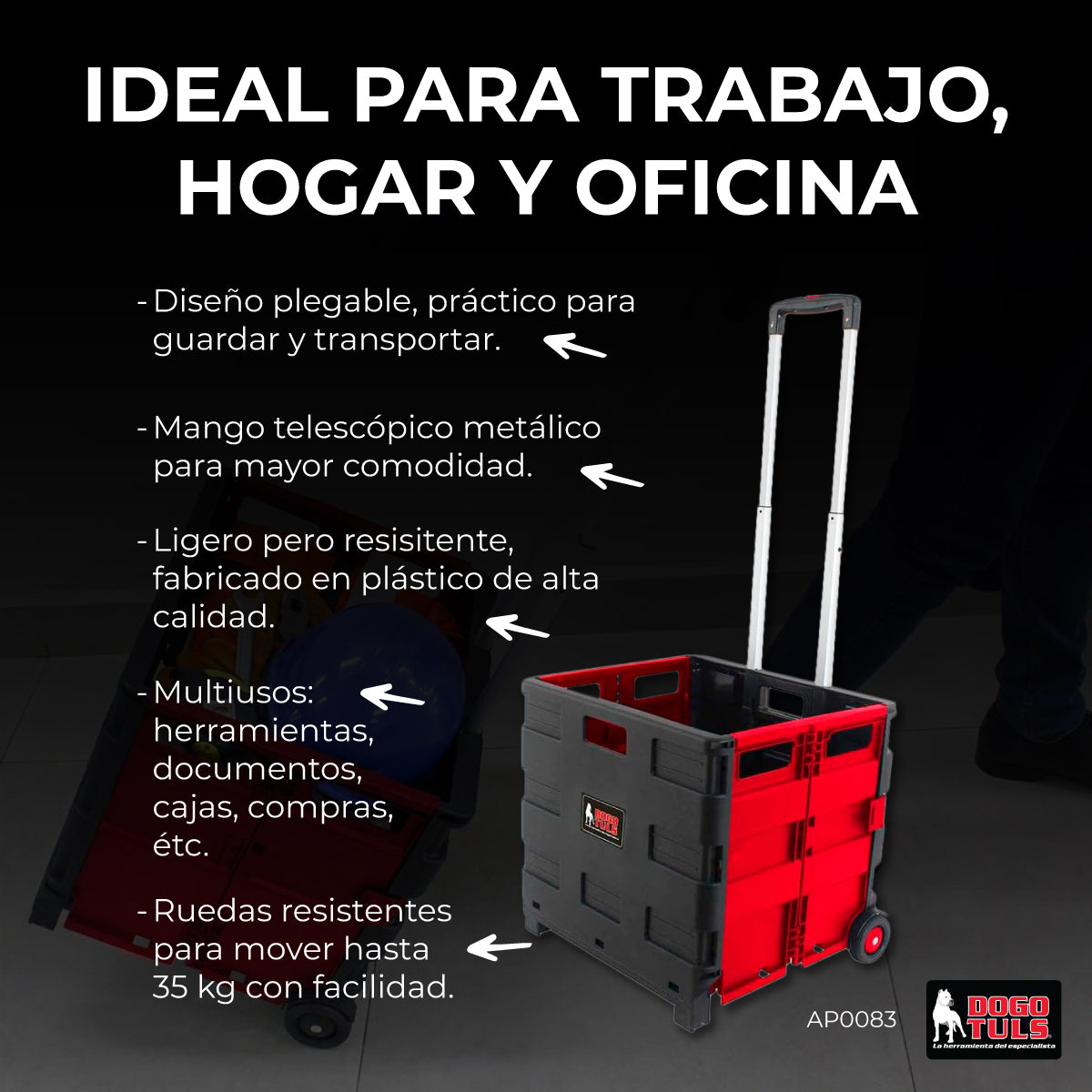Carrito Plegable Multiusos de Plástico con Ruedas 35kg de Capacidad Dogotuls AP0083