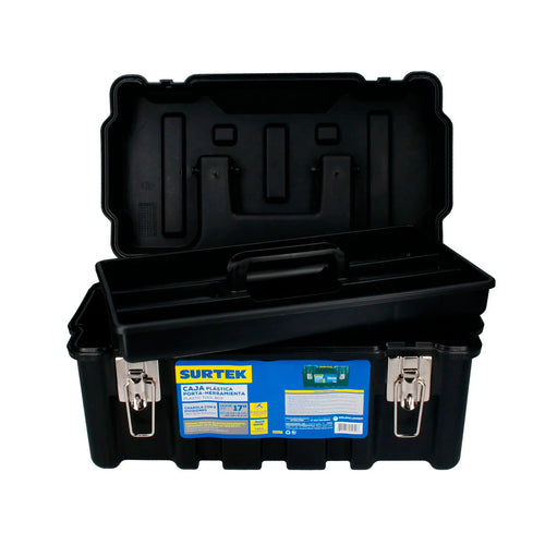 Caja portaherramientas plástica con broches metálicos color negro 17" x 9" x 8" SURTEK CPS17