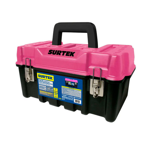 Caja portaherramientas plástica con broches metálicos color negro tapa rosa 17" x 9" x 8"