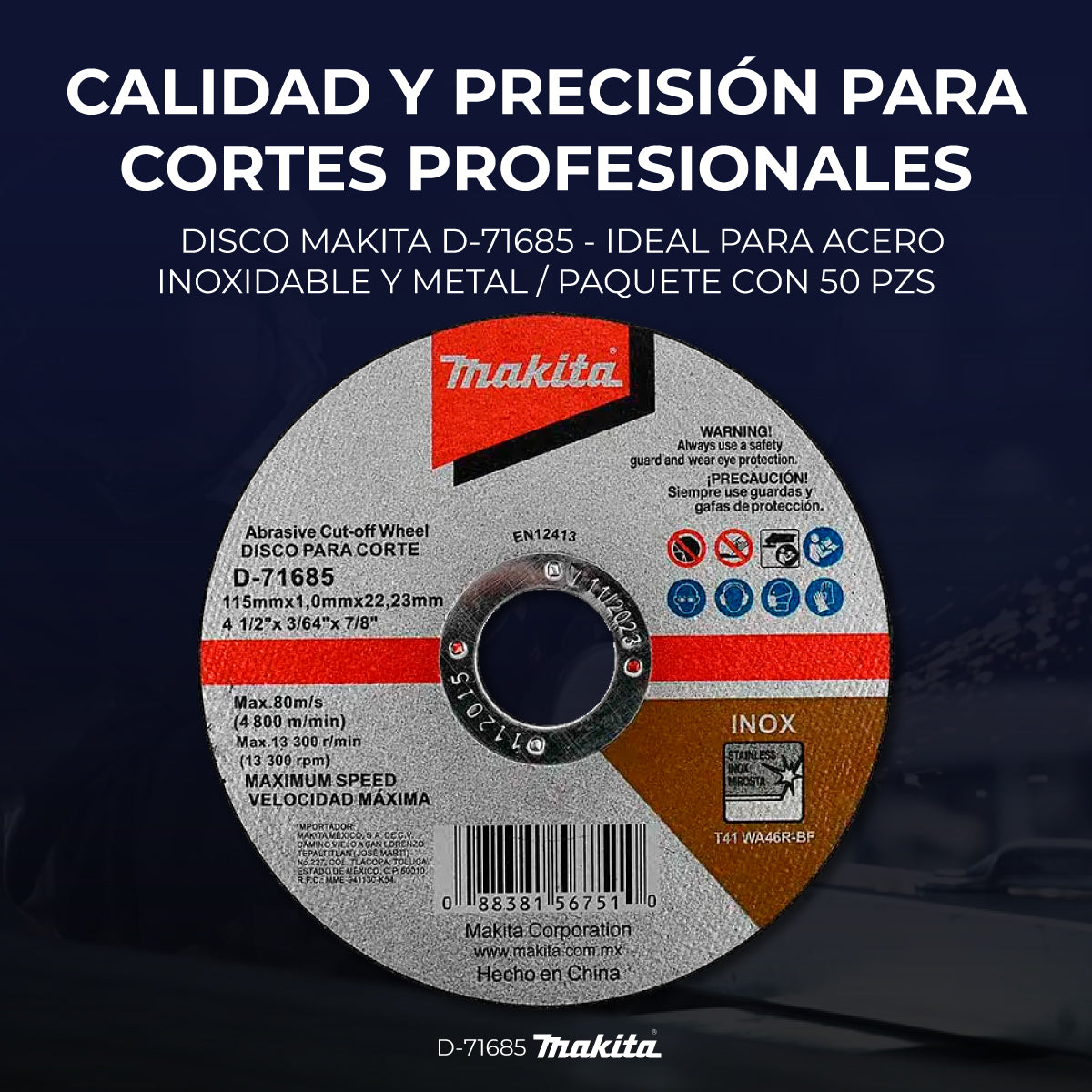Disco de corte Makita 4-1/2 pulg metal acero inoxidable D-71685 115mmx1mm 50 piezas