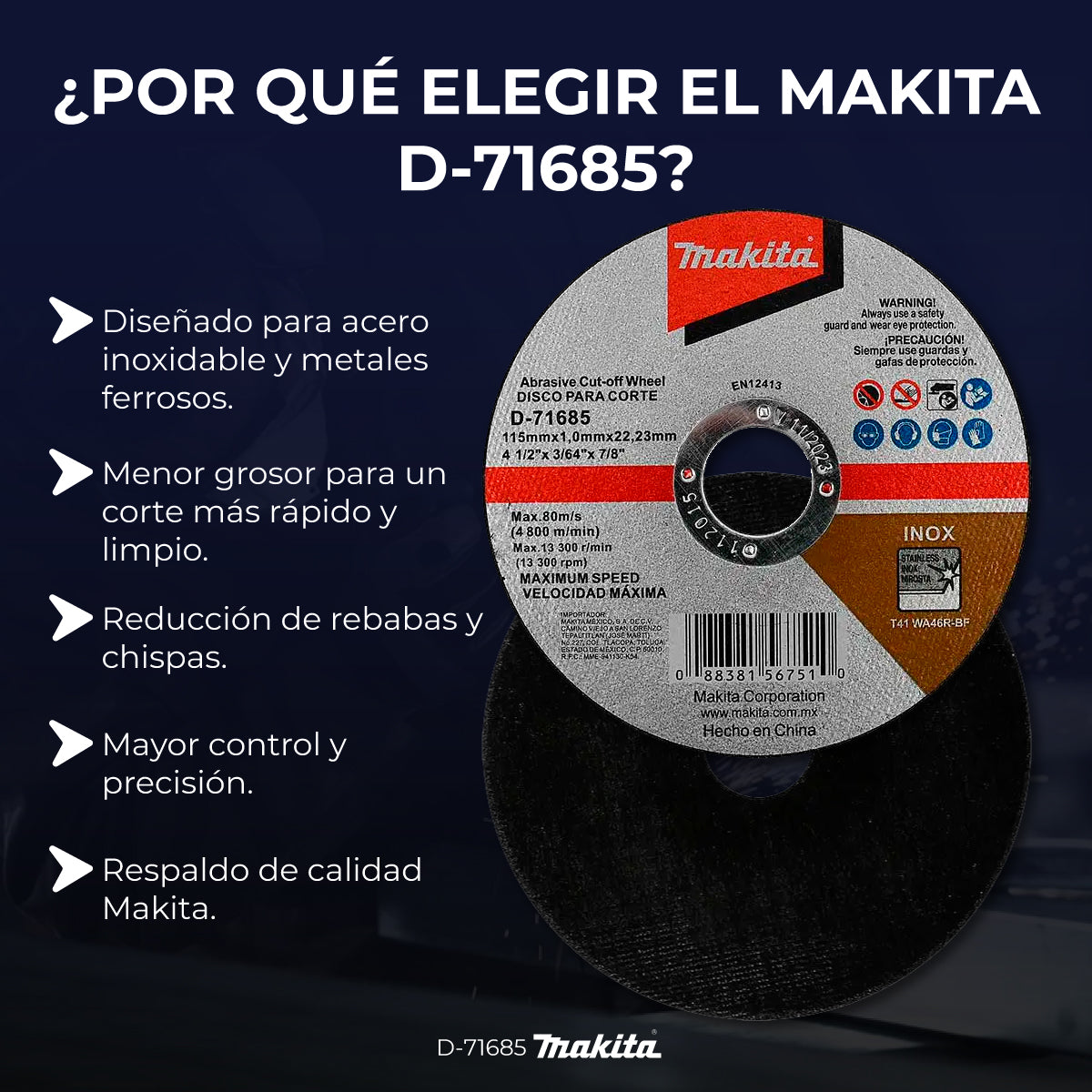 Disco de corte Makita 4-1/2 pulg metal acero inoxidable D-71685 115mmx1mm 50 piezas