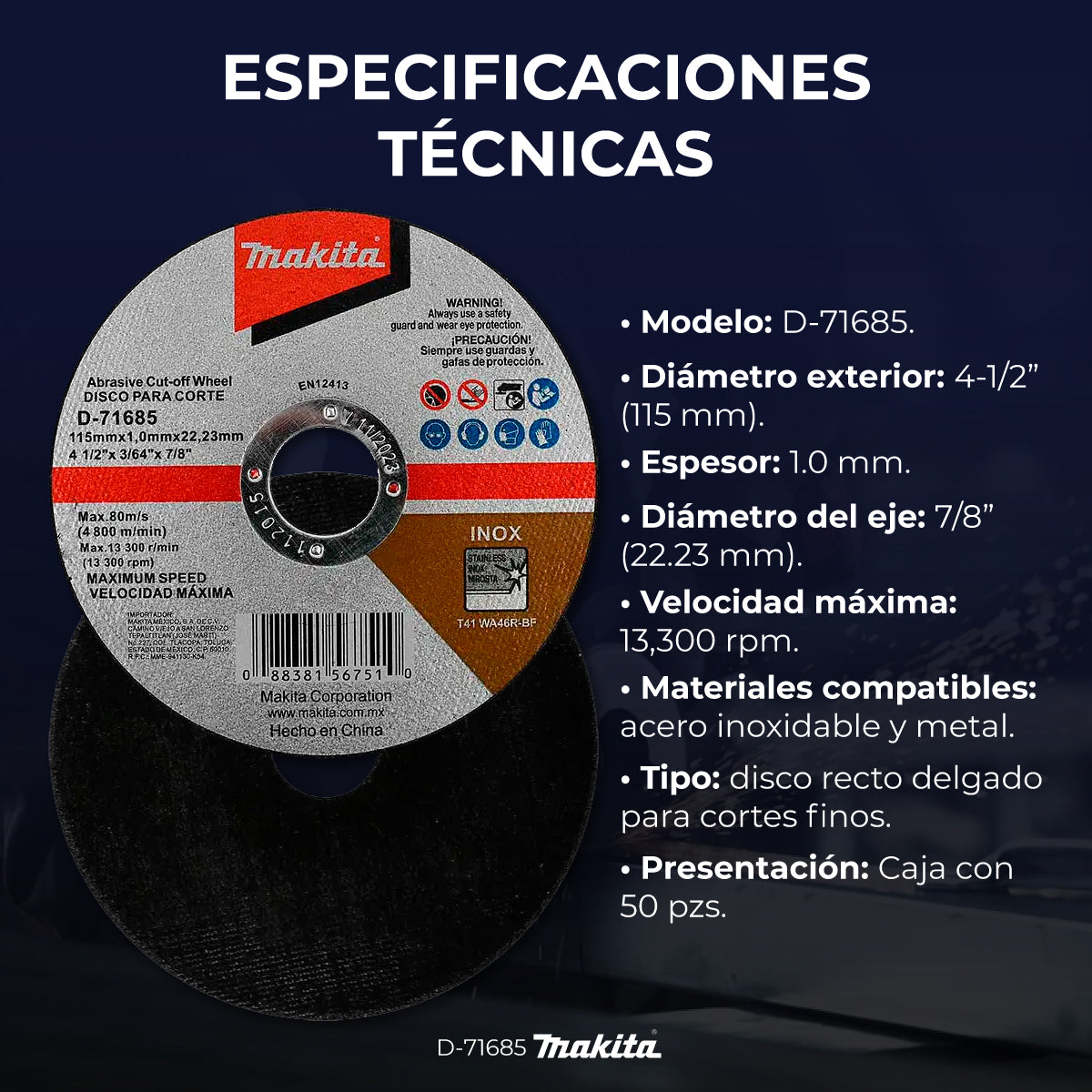 Disco de corte Makita 4-1/2 pulg metal acero inoxidable D-71685 115mmx1mm 50 piezas