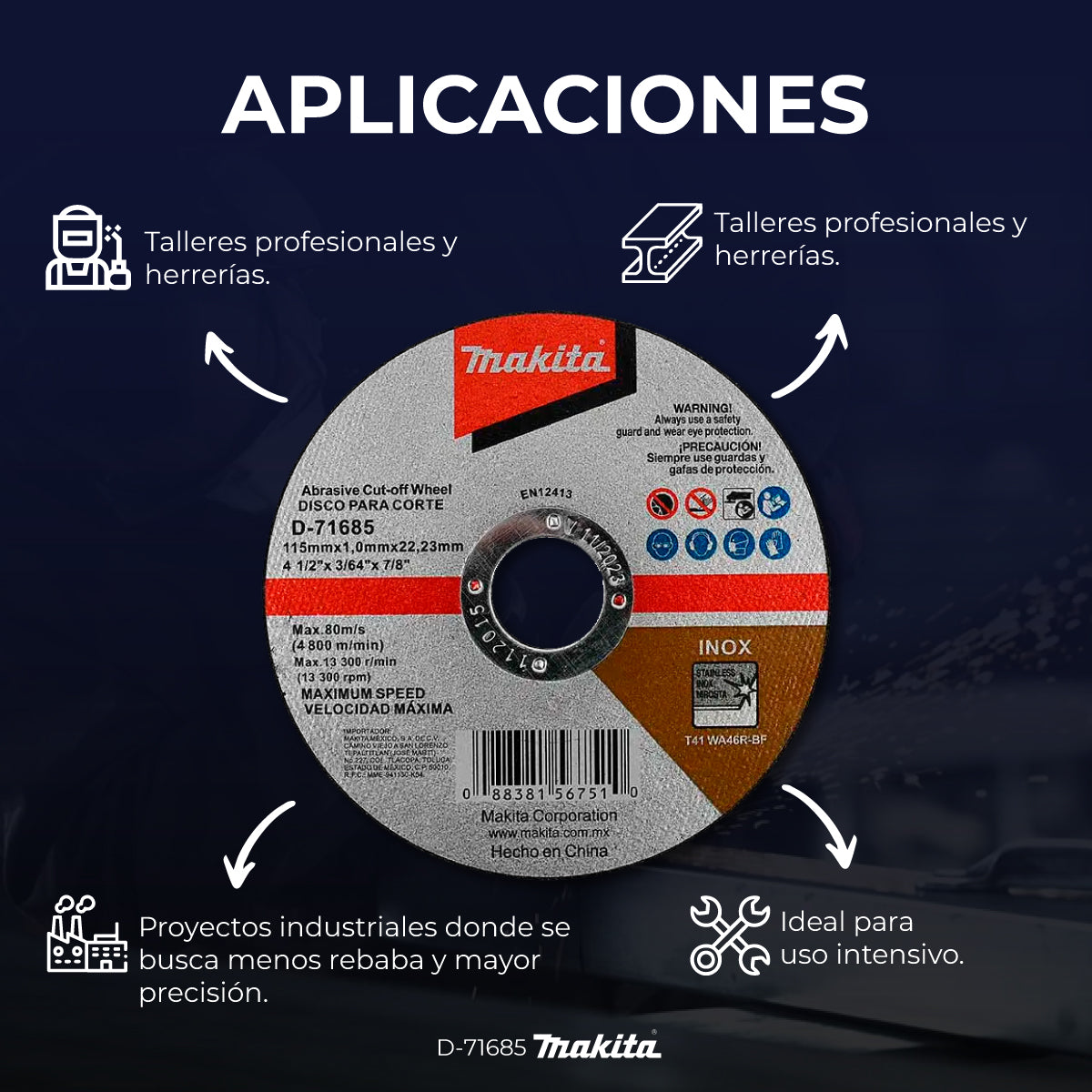Disco de corte Makita 4-1/2 pulg metal acero inoxidable D-71685 115mmx1mm 50 piezas