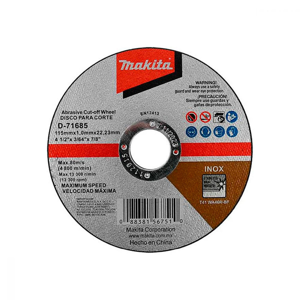 Disco de corte Makita 4-1/2 pulg metal acero inoxidable D-71685 115mmx1mm 50 piezas