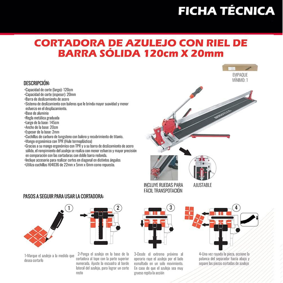 Cortadora De Azulejo Industrial 120cm x 20mm Dogotuls HJ4028 (Unidad de Prueba)