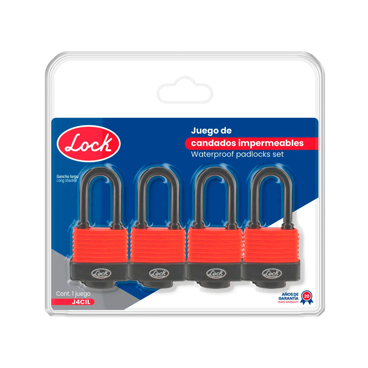 Juego de candados impermeables largos 40 mm, llave estándar, 4 piezas