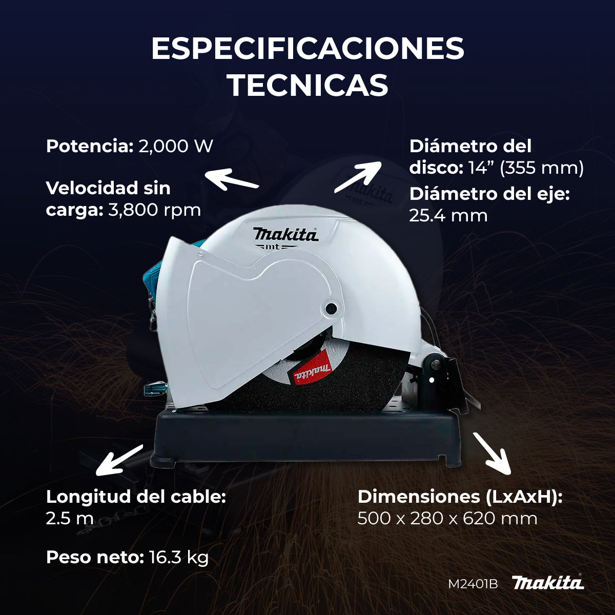 Cortadora De Metal Makita M2401b 14 2000w 3800rpm Cable 2.5m