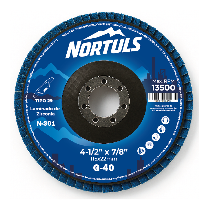 DISCO LAMINADO 4-1/2" ZIRCONIA G-40 NORTULS N-301 (PAQUETE 30 PIEZAS)