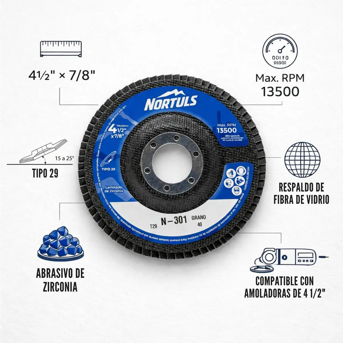 DISCO LAMINADO 4-1/2" ZIRCONIA G-40 NORTULS N-301 (PAQUETE 10PIEZAS)