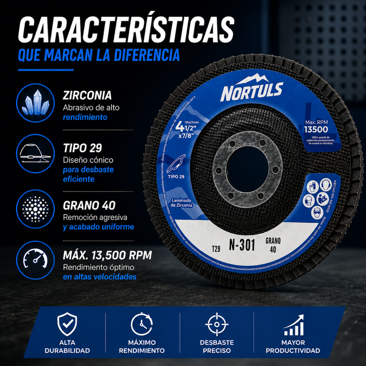 DISCO LAMINADO 4-1/2" ZIRCONIA G: 40-60-80 NORTULS (PAQUETE 20 PIEZAS)