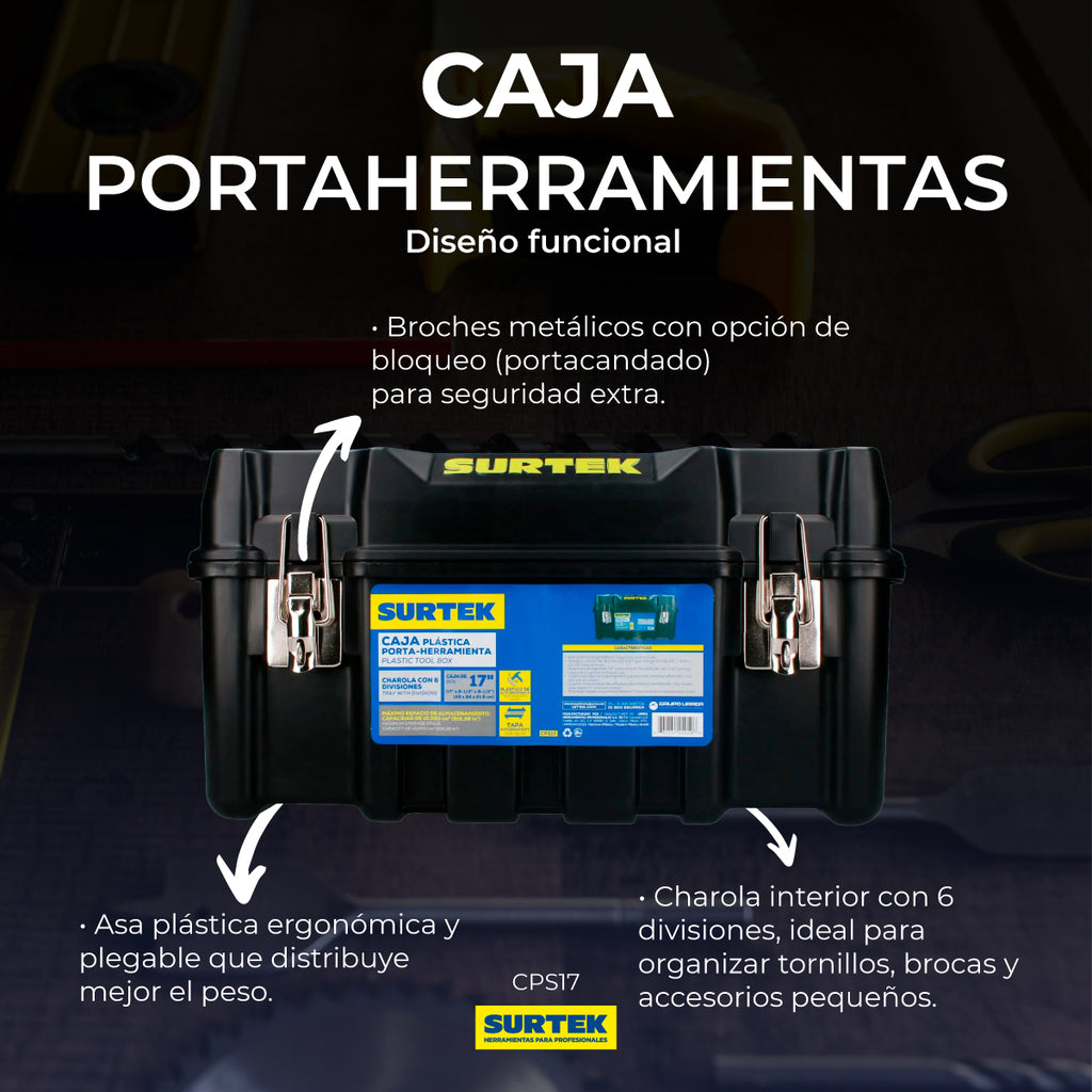 Caja portaherramientas plástica con broches metálicos color negro 17" x 9" x 8" SURTEK CPS17