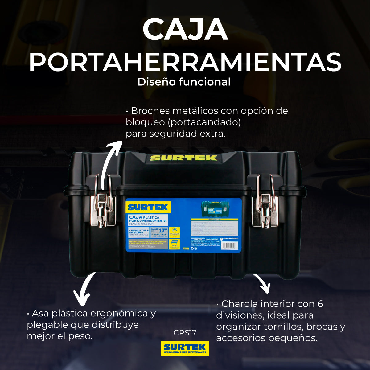 Caja portaherramientas plástica con broches metálicos color negro 17" x 9" x 8" SURTEK CPS17