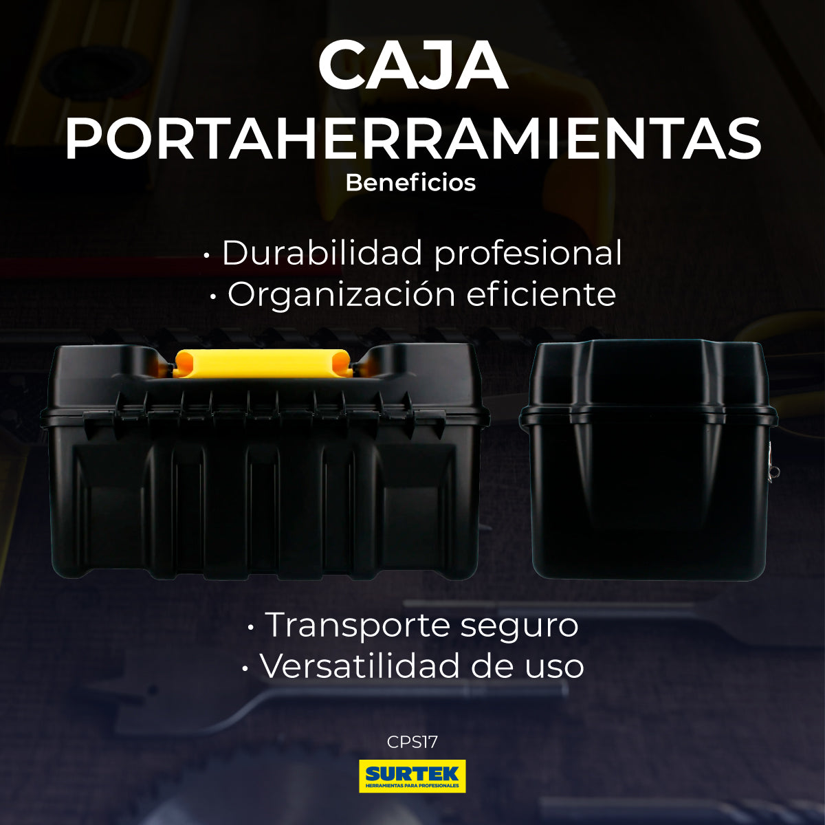 Caja portaherramientas plástica con broches metálicos color negro 17" x 9" x 8" SURTEK CPS17
