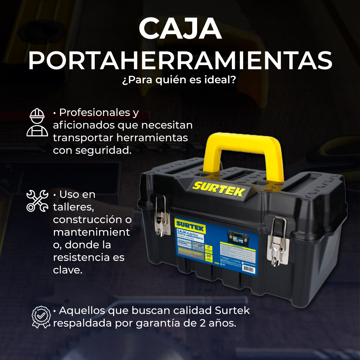 Caja portaherramientas plástica con broches metálicos color negro 17" x 9" x 8" SURTEK CPS17