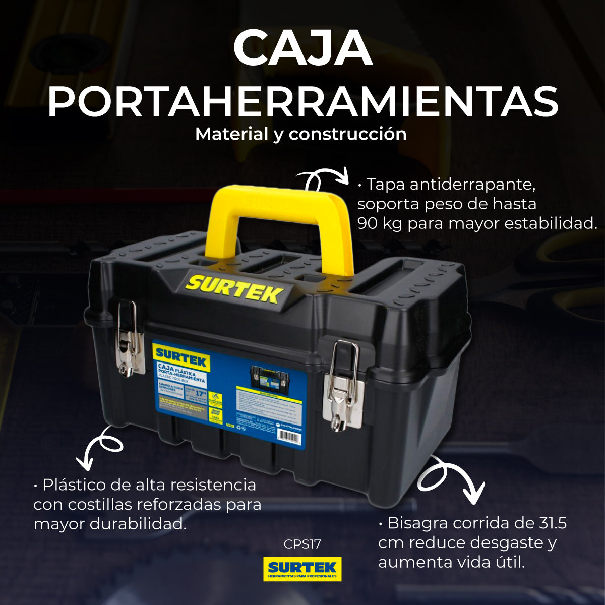 Caja portaherramientas plástica con broches metálicos color negro 17" x 9" x 8" SURTEK CPS17