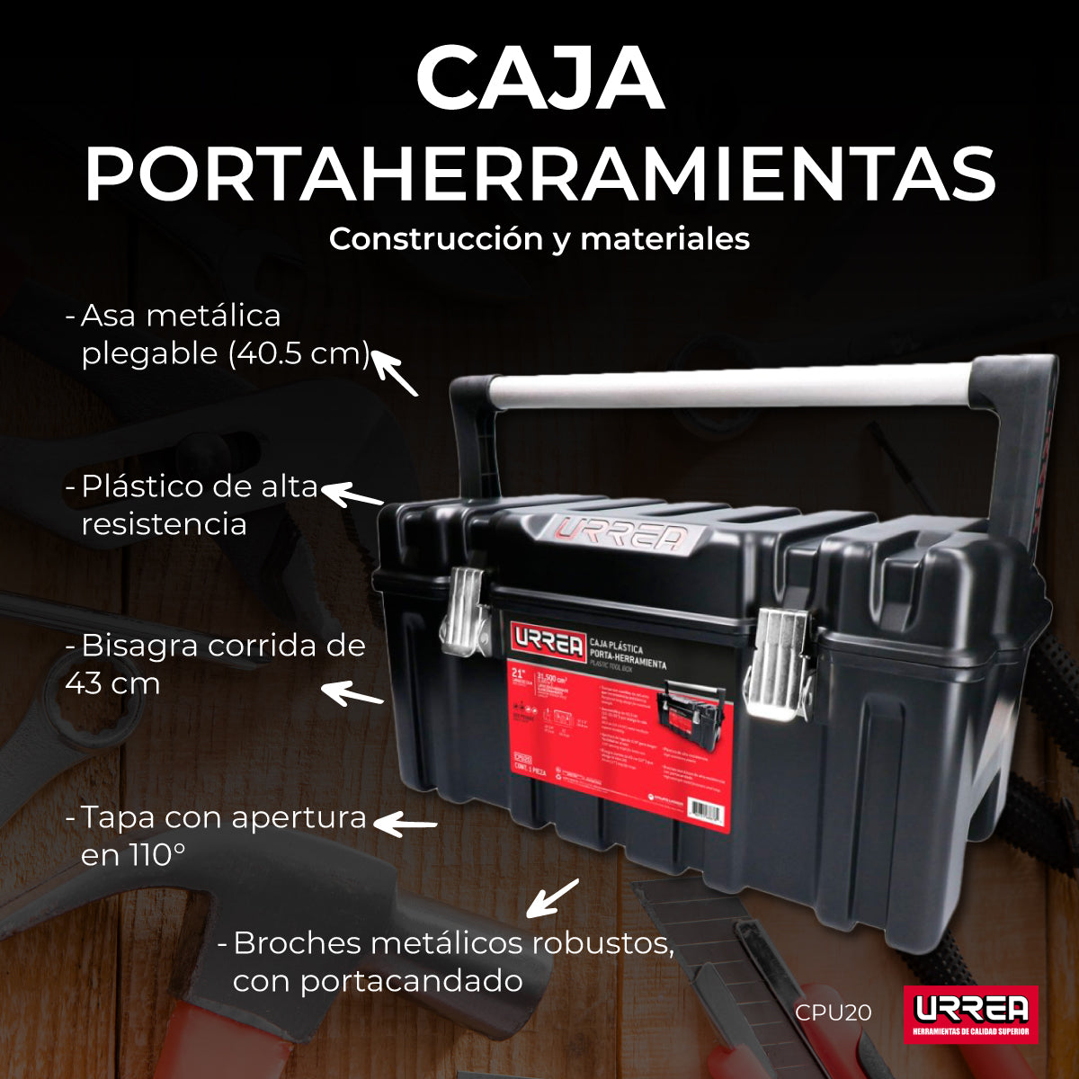 Caja portaherramientas plástica con broches metálicos color negro 21" x 11" x 10" Urrea CPU20