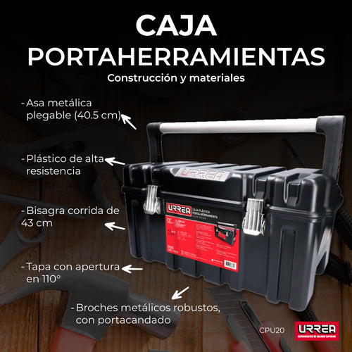 Caja portaherramientas plástica con broches metálicos color negro 21" x 11" x 10" Urrea CPU20