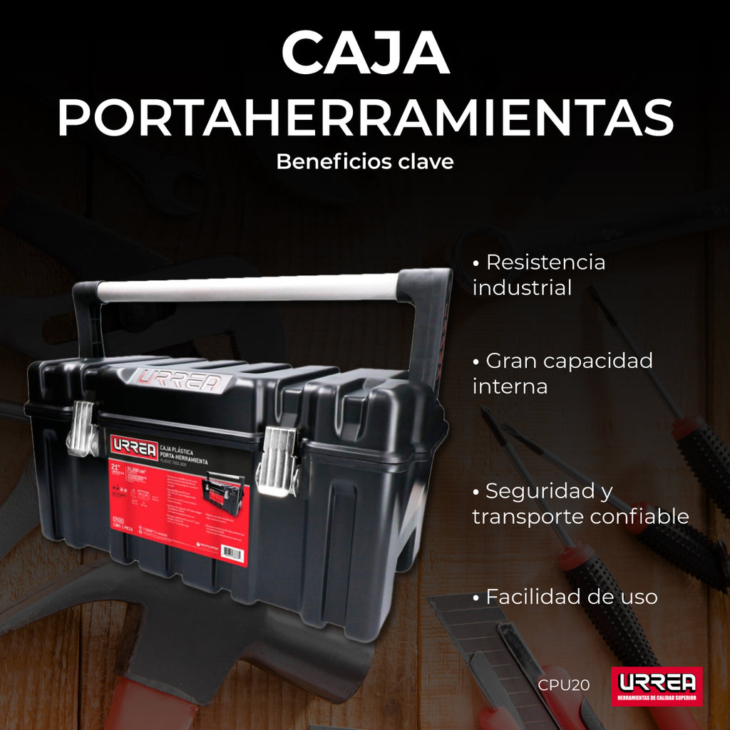 Caja portaherramientas plástica con broches metálicos color negro 21" x 11" x 10" Urrea CPU20
