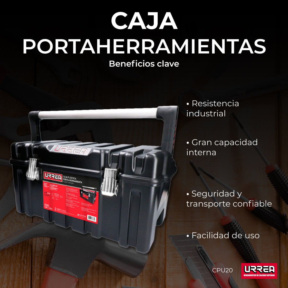 Caja portaherramientas plástica con broches metálicos color negro 21" x 11" x 10" Urrea CPU20