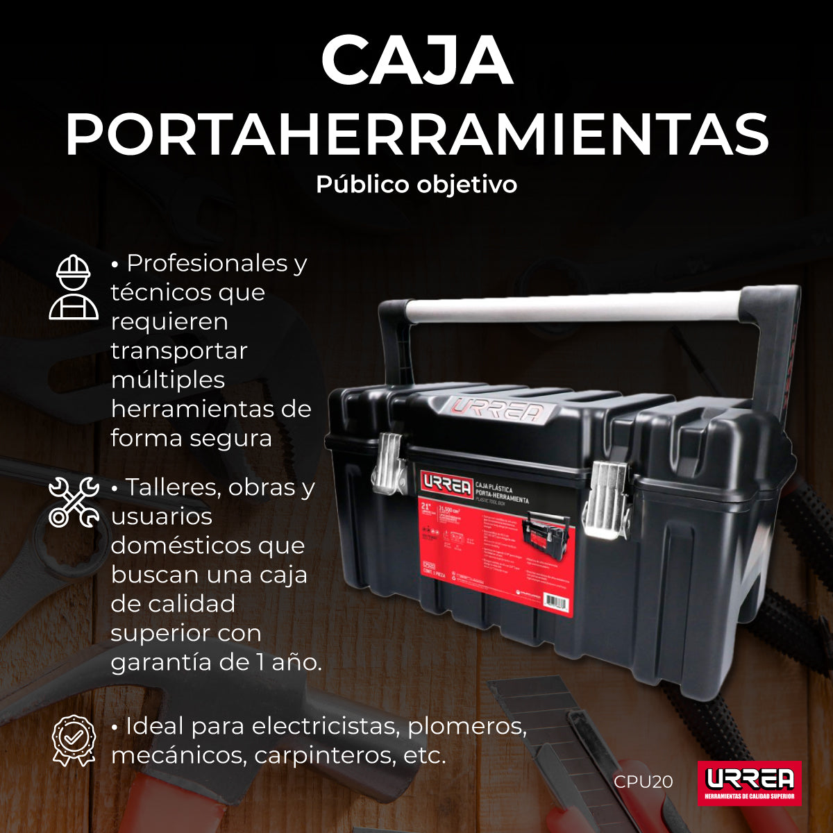 Caja portaherramientas plástica con broches metálicos color negro 21" x 11" x 10" Urrea CPU20