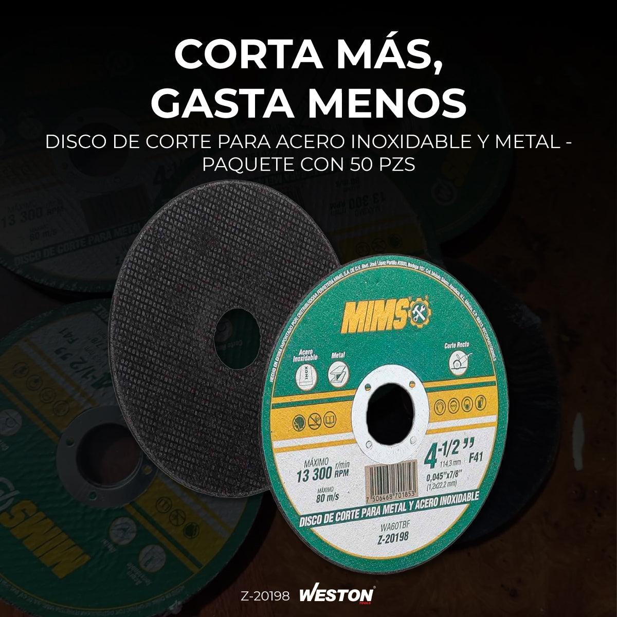 Disco Corte Acero 4-1/2 Inoxidable Y Metal Paquete 50 Piezas