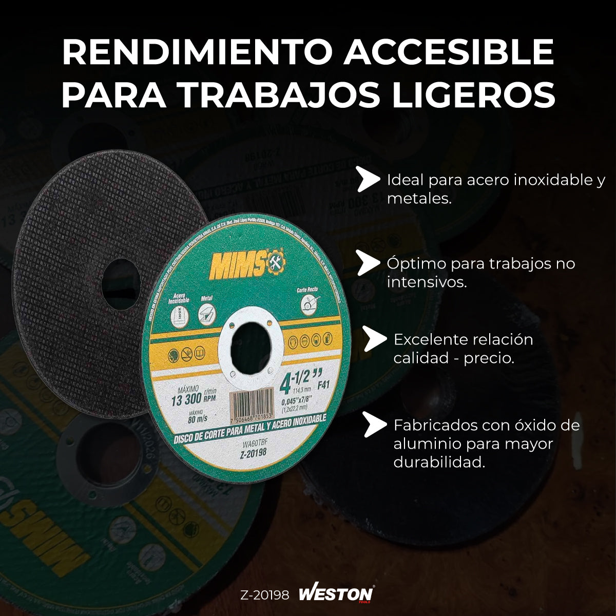 Disco Corte Acero 4-1/2 Inoxidable Y Metal Paquete 50 Piezas
