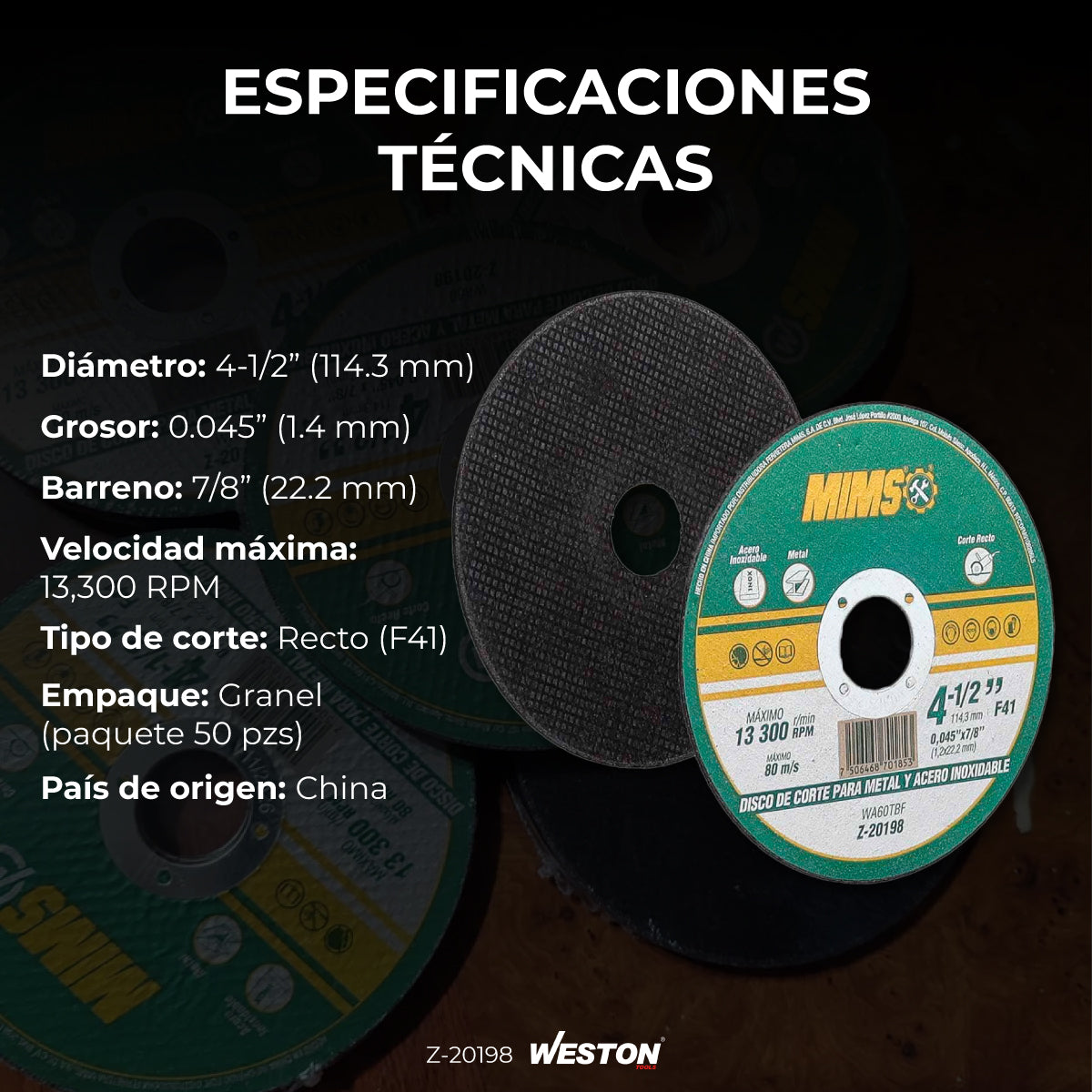 Disco Corte Acero 4-1/2 Inoxidable Y Metal Paquete 50 Piezas